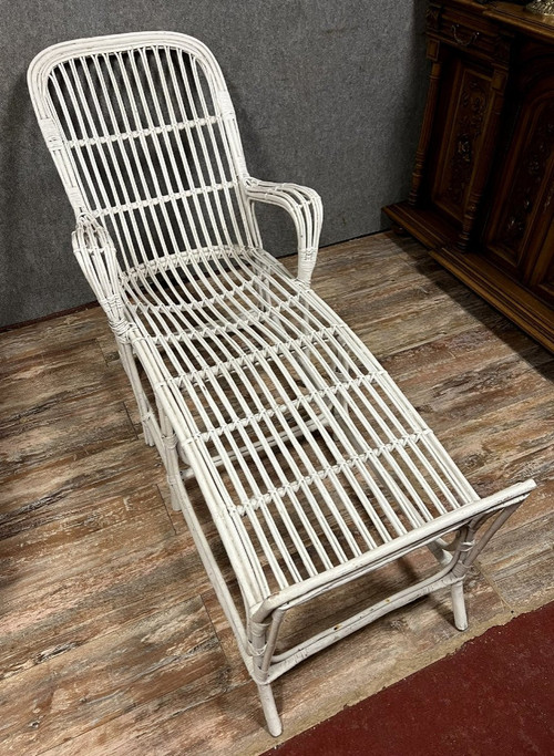 Vintage white lacquered rattan deckchair 1960's