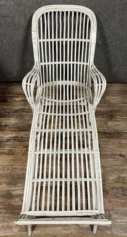 Vintage white lacquered rattan deckchair 1960's