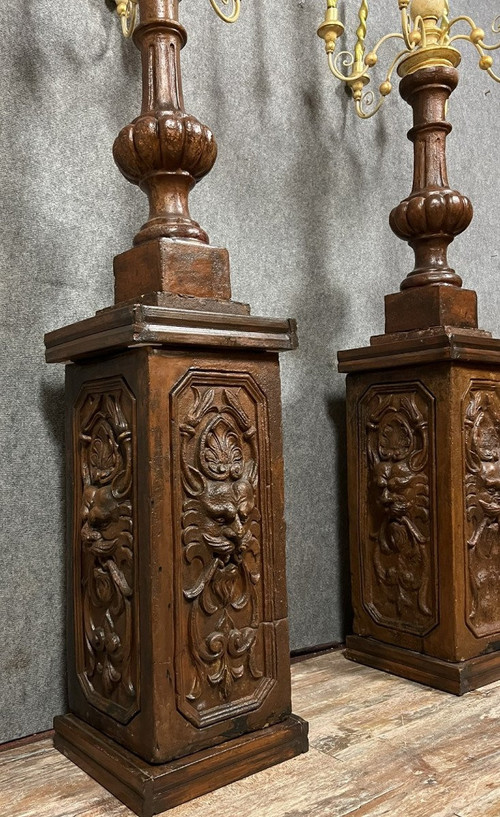 pair of very large terracotta and gilded wood torchères circa 1800 / h178 cm