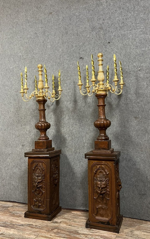 pair of very large terracotta and gilded wood torchères circa 1800 / h178 cm