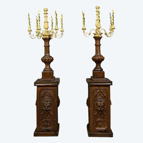 pair of very large terracotta and gilded wood torchères circa 1800 / h178 cm