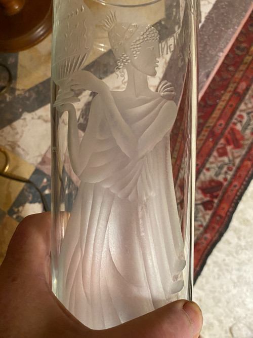 Large engraved thick tubular crystal Vase from the "75" Years Avignon with the image of a Goddess with a vase