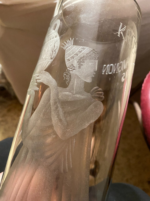 Large engraved thick tubular crystal Vase from the "75" Years Avignon with the image of a Goddess with a vase