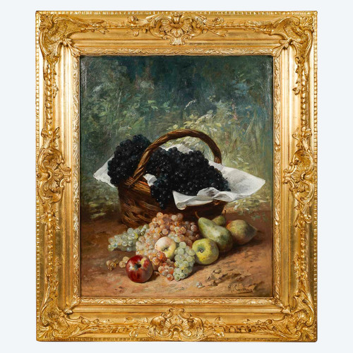 Eugène Henri Cauchois (1850-1911) a country basket of grapes and fruit oil on canvas circa 1890