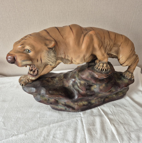 Tigre rugissant en terre cuite polychrome par Thomas François CARTIER-vers 1930