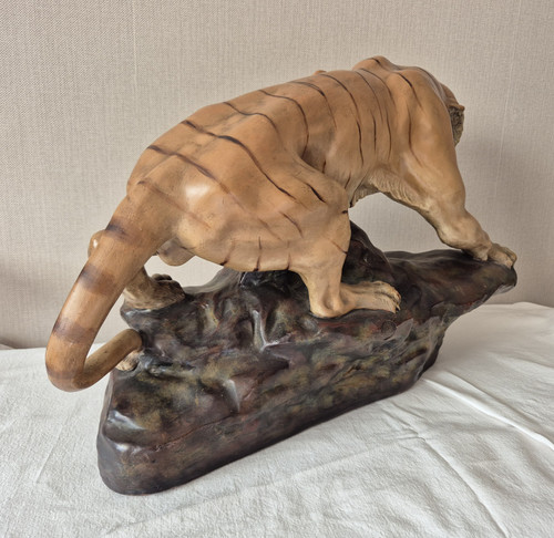 Tigre rugissant en terre cuite polychrome par Thomas François CARTIER-vers 1930