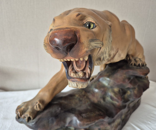 Tigre rugissant en terre cuite polychrome par Thomas François CARTIER-vers 1930