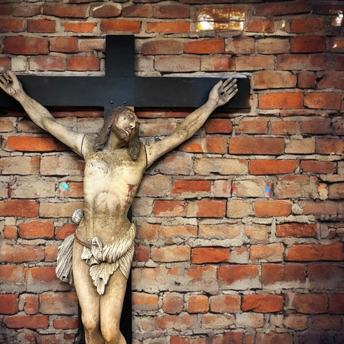 Christ En Croix Souffrant (Life Size) Polychrome Wood Late 18th Century H 250 Cm