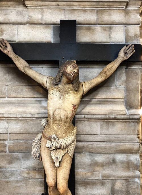 Christ En Croix Souffrant (Life Size) Polychrome Wood Late 18th Century H 250 Cm