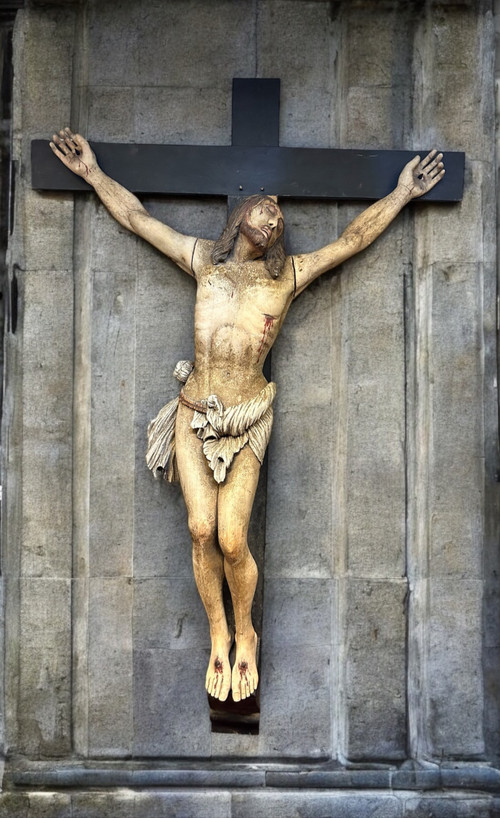 Christ En Croix Souffrant (Life Size) Polychrome Wood Late 18th Century H 250 Cm