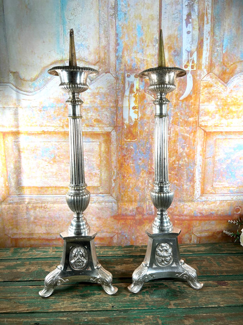 Pair of Silvered Metal Altar Candlesticks - 19th Century