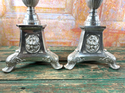 Pair of Silvered Metal Altar Candlesticks - 19th Century