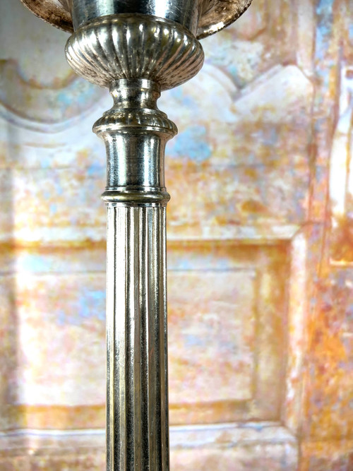 Pair of Silvered Metal Altar Candlesticks - 19th Century