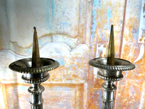 Pair of Silvered Metal Altar Candlesticks - 19th Century