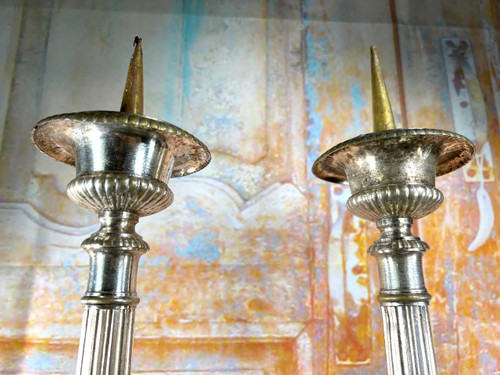 Pair of Silvered Metal Altar Candlesticks - 19th Century