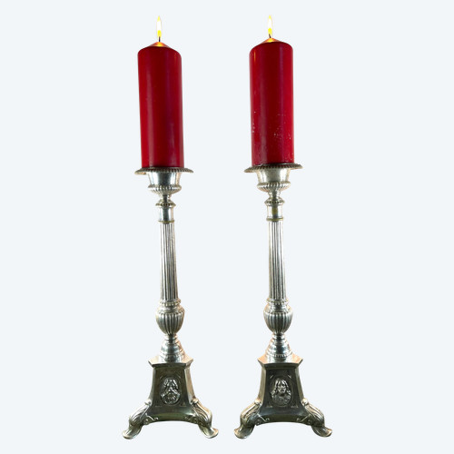 Pair of Silvered Metal Altar Candlesticks - 19th Century