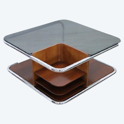 Square Coffee Table in Walnut, Glass and Chrome, 1970s