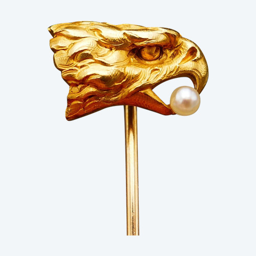 Yellow Gold Eagle Head And Pearl Tie Pin.