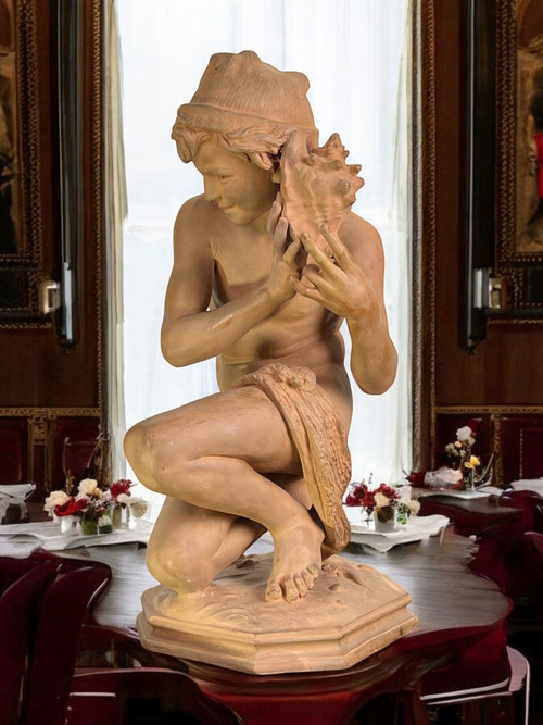 JEAN BAPTISTE CARPEAUX / TERRACOTTA FIRMATA IL PESCATORE NAPOLETANO CON CONCHIGLIA