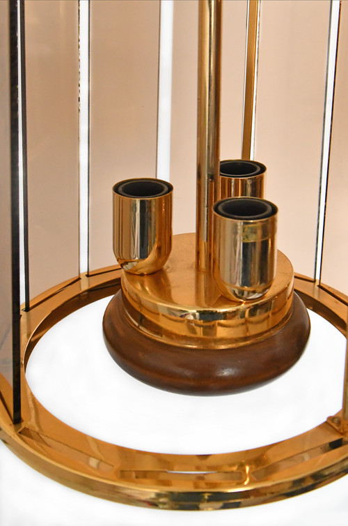 Pair of 1980s lanterns in gilded brass, wood and smoked glass plates