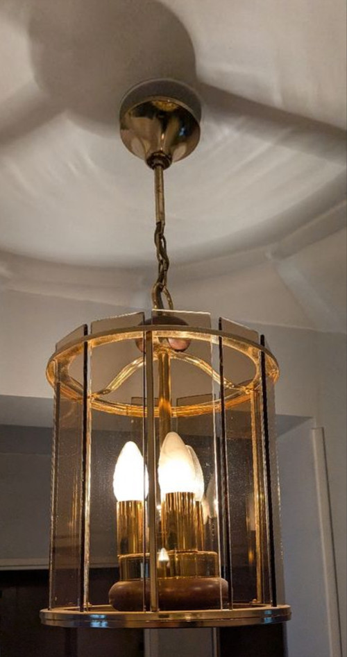 Pair of 1980s lanterns in gilded brass, wood and smoked glass plates