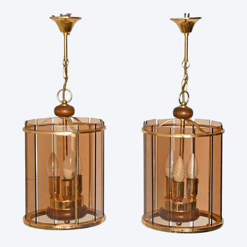 Pair of 1980s lanterns in gilded brass, wood and smoked glass plates