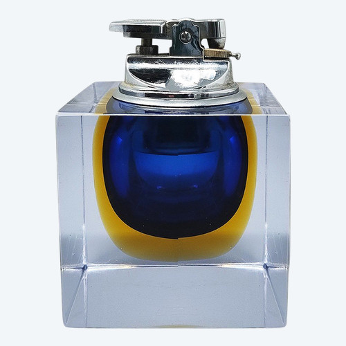 1960s Stunning Blue Table Lighter in Murano Sommerso Glass By Flavio Poli for Seguso