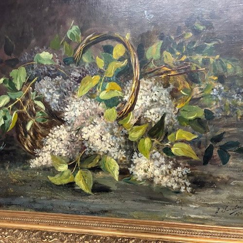 Ancienne paire de peintures à l'huile sur toile représentant des fleurs, 1892. Taille 82 x 72. Signé dans un cadre ancien 