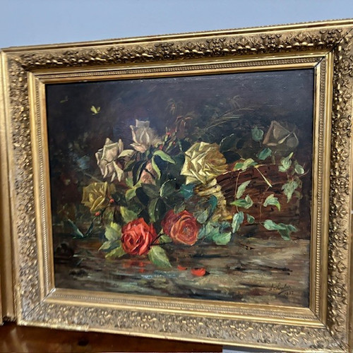 Ancienne paire de peintures à l'huile sur toile représentant des fleurs, 1892. Taille 82 x 72. Signé dans un cadre ancien 