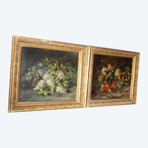 Ancienne paire de peintures à l'huile sur toile représentant des fleurs, 1892. Taille 82 x 72. Signé dans un cadre ancien 