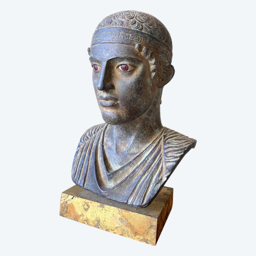 20th century patinated plaster sculpture. Head of a charioteer after the antique.