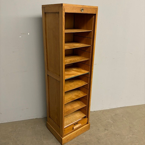 Art Deco oak filing cabinet shutter 1940. Size 43 x depth 35 Height. Restored. bookcases