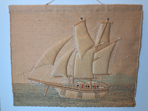 Don Freeman zugeschrieben, großer Wandteppich, Segelboot, Jute, Jahr 70.