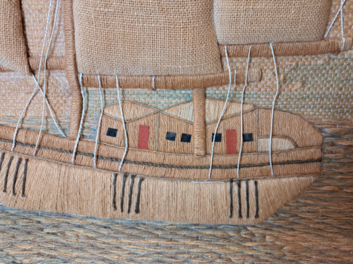 Don Freeman zugeschrieben, großer Wandteppich, Segelboot, Jute, Jahr 70.