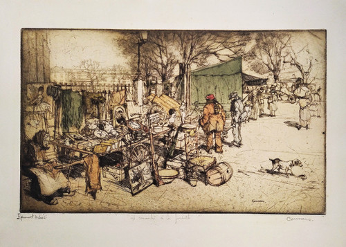 Etching  Flea Market Engraving By Armand Coussens Old Print