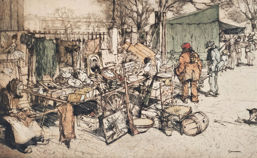 Etching  Flea Market Engraving By Armand Coussens Old Print