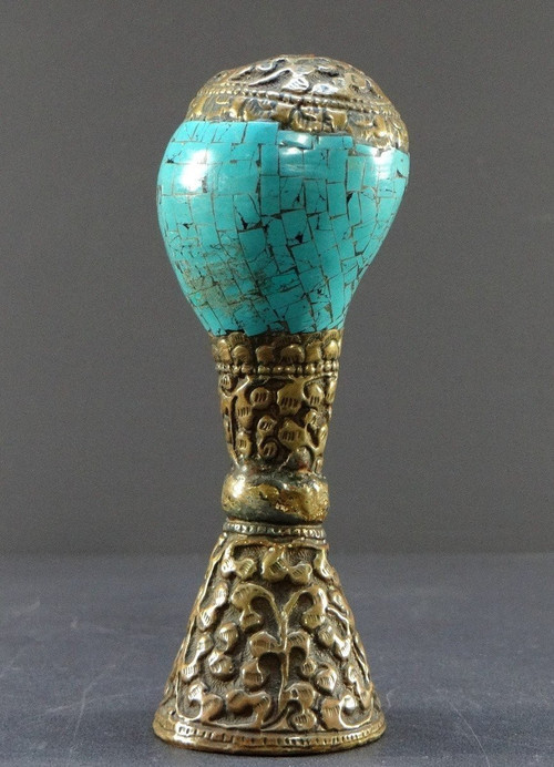 Tibet, Early 20th Century, Repoussé Copper and Turquoise Seal on a Shell Base.