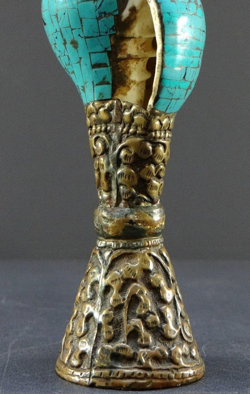 Tibet, Early 20th Century, Repoussé Copper and Turquoise Seal on a Shell Base.