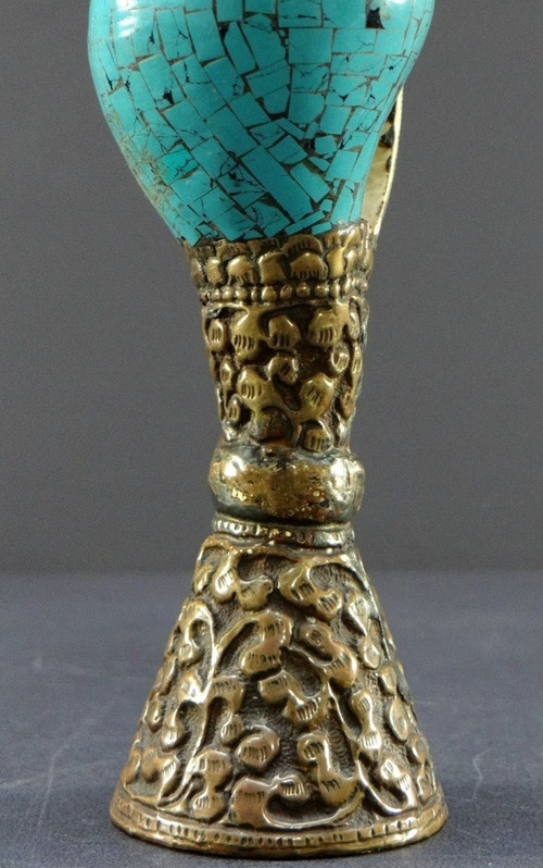 Tibet, Early 20th Century, Repoussé Copper and Turquoise Seal on a Shell Base.