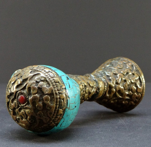 Tibet, Early 20th Century, Repoussé Copper and Turquoise Seal on a Shell Base.