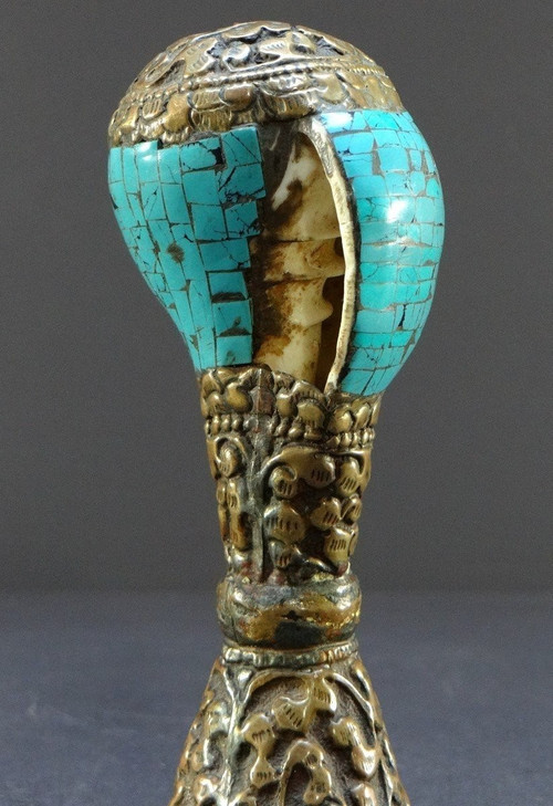 Tibet, Early 20th Century, Repoussé Copper and Turquoise Seal on a Shell Base.