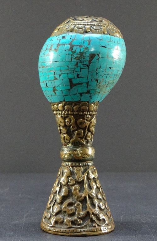 Tibet, Early 20th Century, Repoussé Copper and Turquoise Seal on a Shell Base.