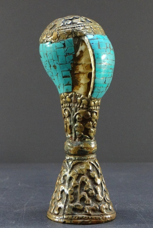 Tibet, Early 20th Century, Repoussé Copper and Turquoise Seal on a Shell Base.