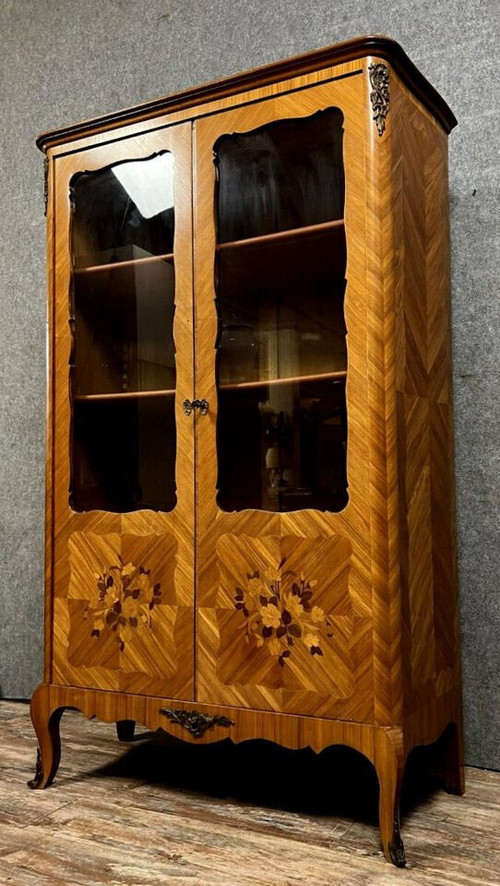 Louis XV style bookcase in precious wood marquetry circa 1900