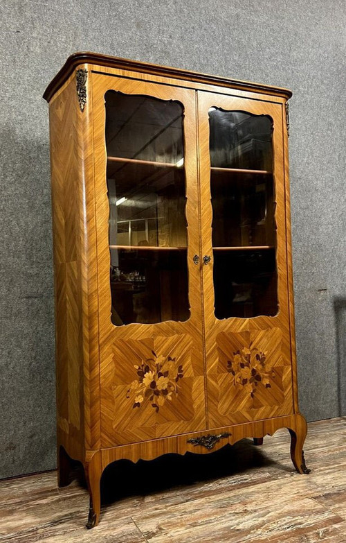 Louis XV style bookcase in precious wood marquetry circa 1900