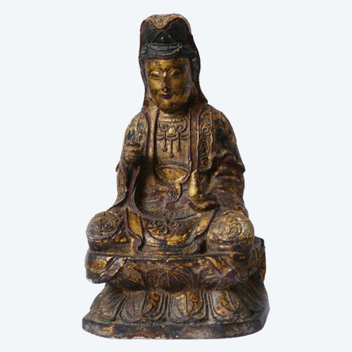 Legno dorato policromo, divinità Guanyin, fine del XVIII secolo