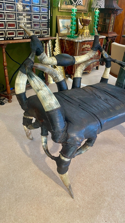 Horn and Leather Bench, 20th Century