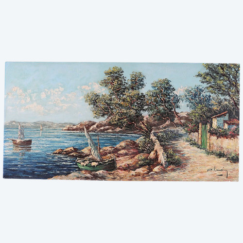 La Côte d'Azur, 130 cm, signiert: Pierre Lemoine, um 1950/60, l'Esterel, Sud France, Marine