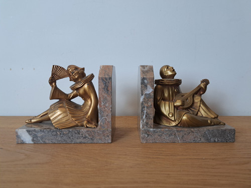 Pierrot Et Colombine , Pair Of Bookends , Regula And Marble , Art Deco , XX°.