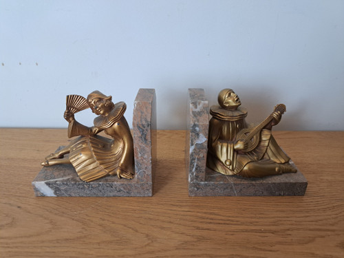 Pierrot Et Colombine , Pair Of Bookends , Regula And Marble , Art Deco , XX°.